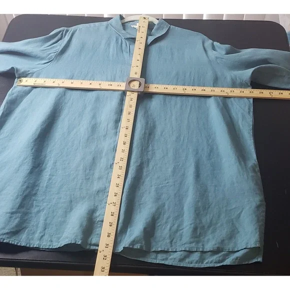 Eileen Fisher Plus 1X Blue 100% Organic Linen Button Down Shirt Sustainable - Picture 7 of 9